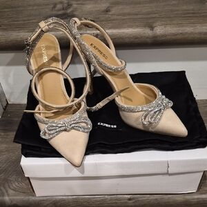 Express Women's Beige and Silver Rhinestone Strappy Heels Brand New